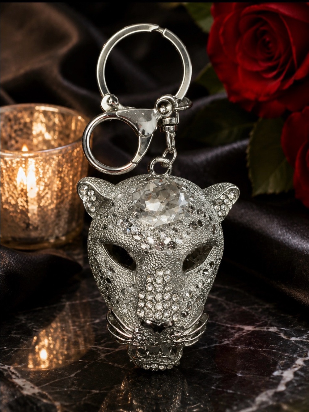 Crystal Panther Keychain Charm - Silver Rhinestone Accent